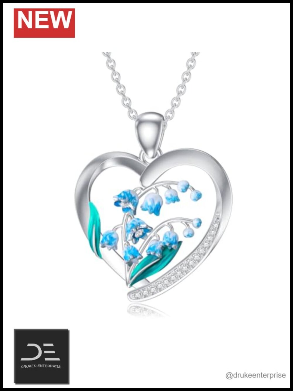 Sterling Silver Lab Grown Diamond Lily of the Valley Heart Pendant Necklace